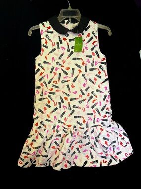Kate Spade White Dress with Black Collar and Pink & Red Lipstick Print.